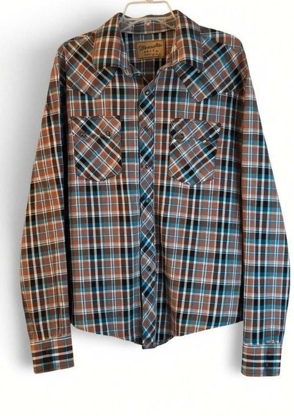 Wrangler Retro Long Sleeve Western Snap Shirt Brown Teal Plaid XL